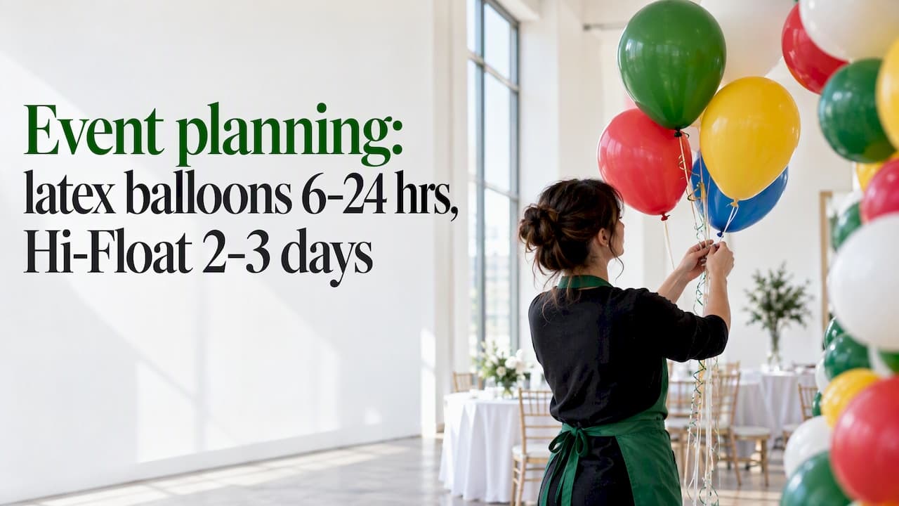 Event planning: latex balloons 6–24 hrs, Hi‑Float 2–3 days